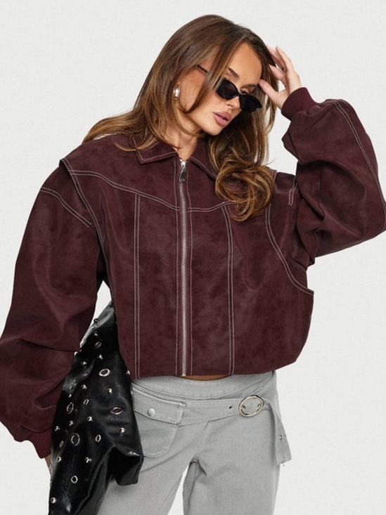 Lioness Jackets & Blazers - LIONESS Vista Bomber Jacket in Shiraz purple red leather